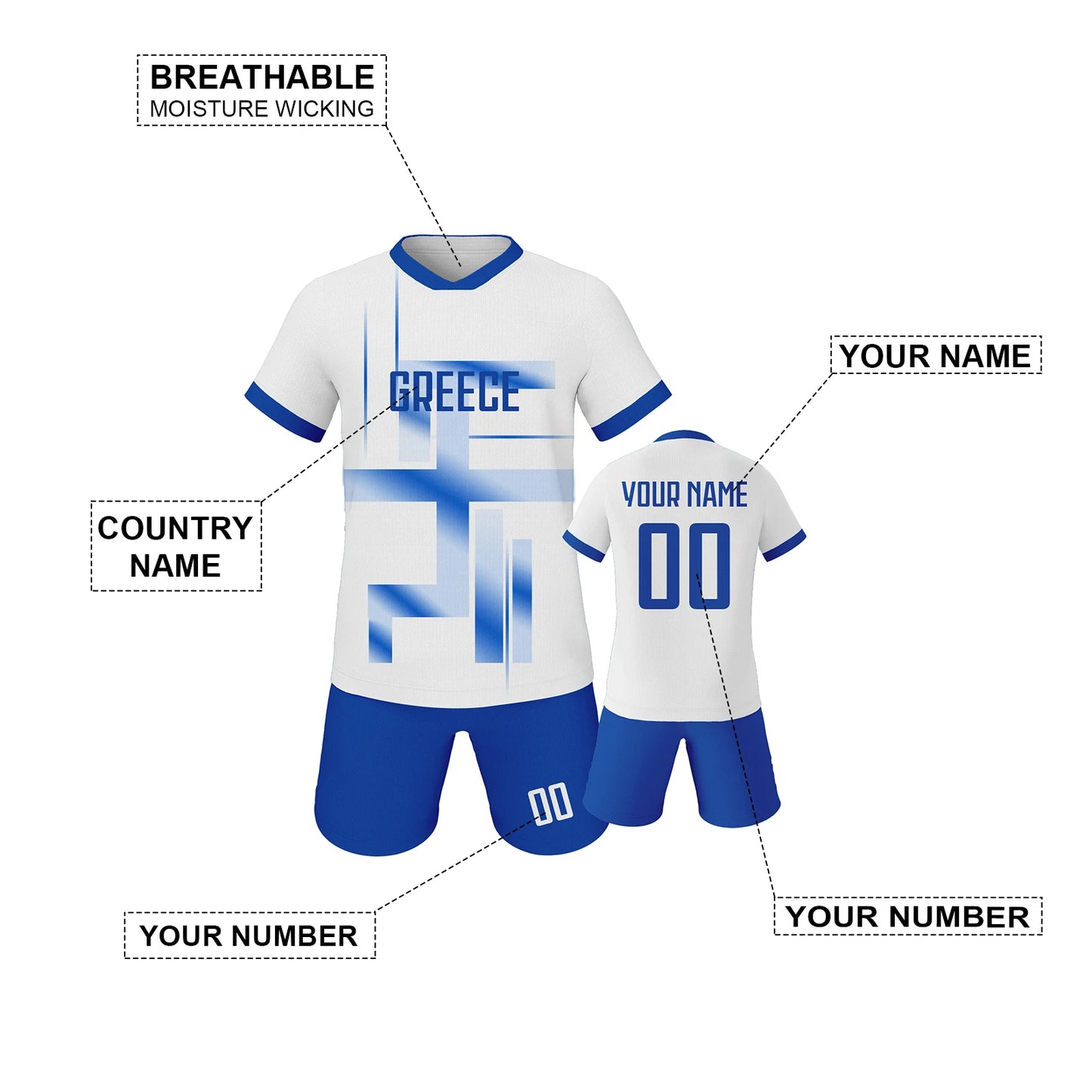 Maillot de Football Personnalisé Grèce pour Enfants - Kit Complet avec Nom et Numéro