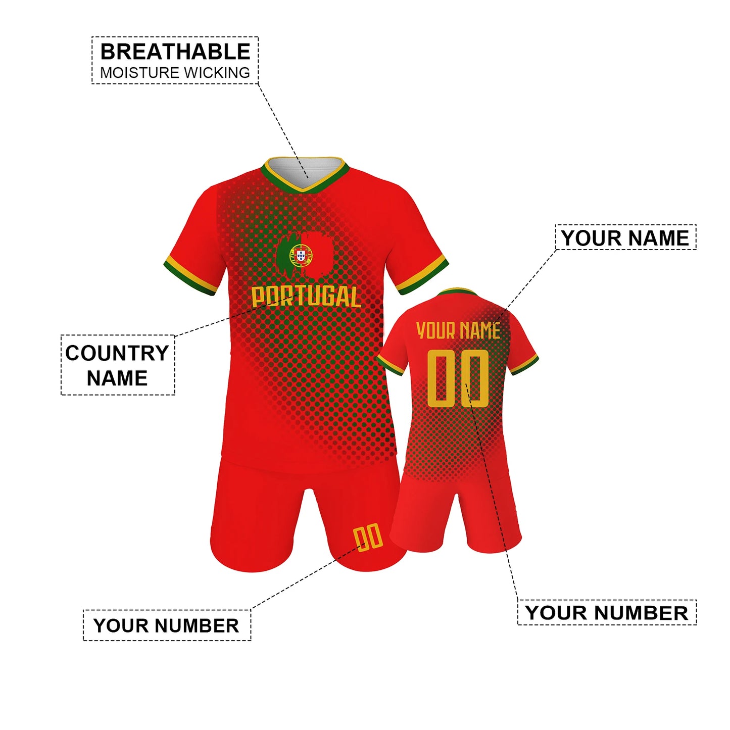Maillot de Football Personnalisé Portugal pour Enfants - Kit Complet avec Nom et Numéro