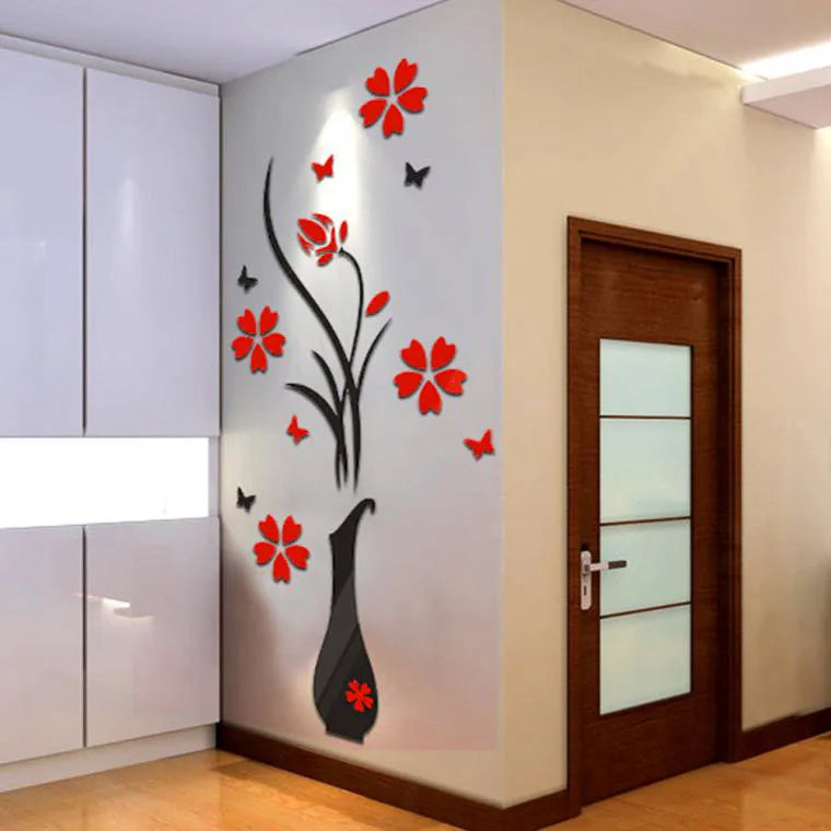 Autocollants Muraux 3D Vase Fleur Arbre Cristal