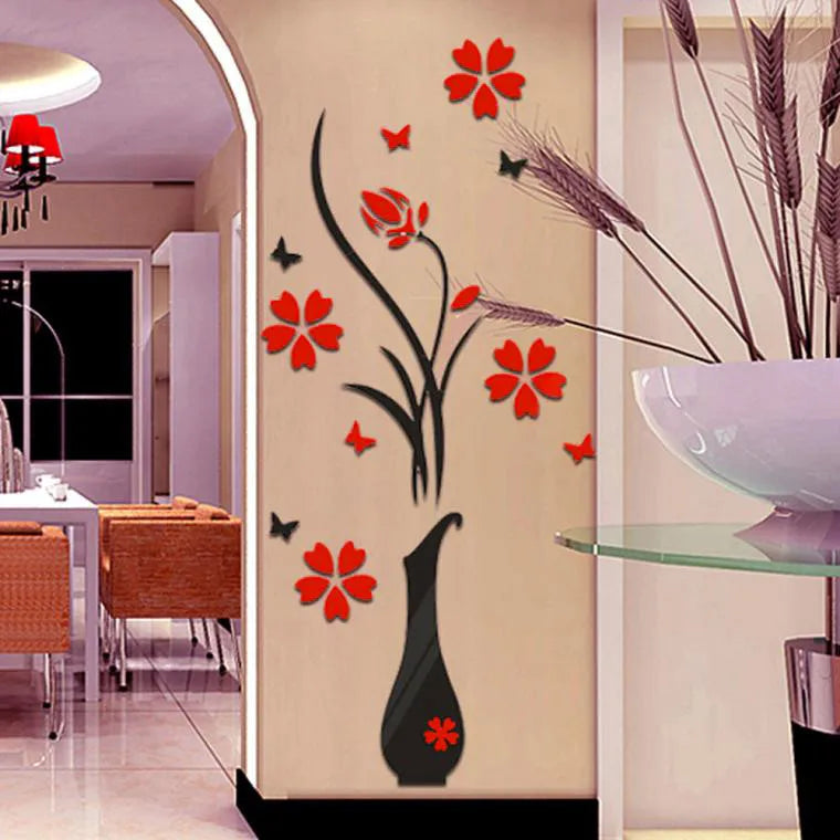 Autocollants Muraux 3D Vase Fleur Arbre Cristal
