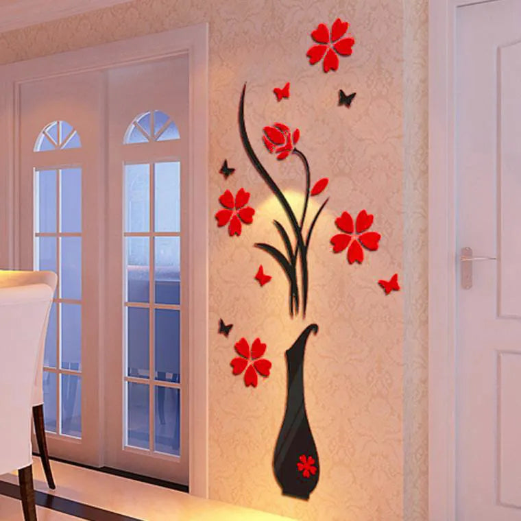 Autocollants Muraux 3D Vase Fleur Arbre Cristal