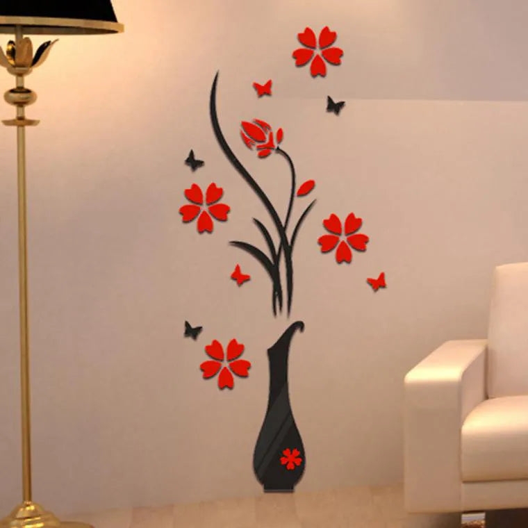 Autocollants Muraux 3D Vase Fleur Arbre Cristal