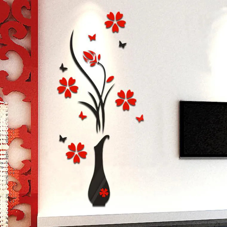 Autocollants Muraux 3D Vase Fleur Arbre Cristal